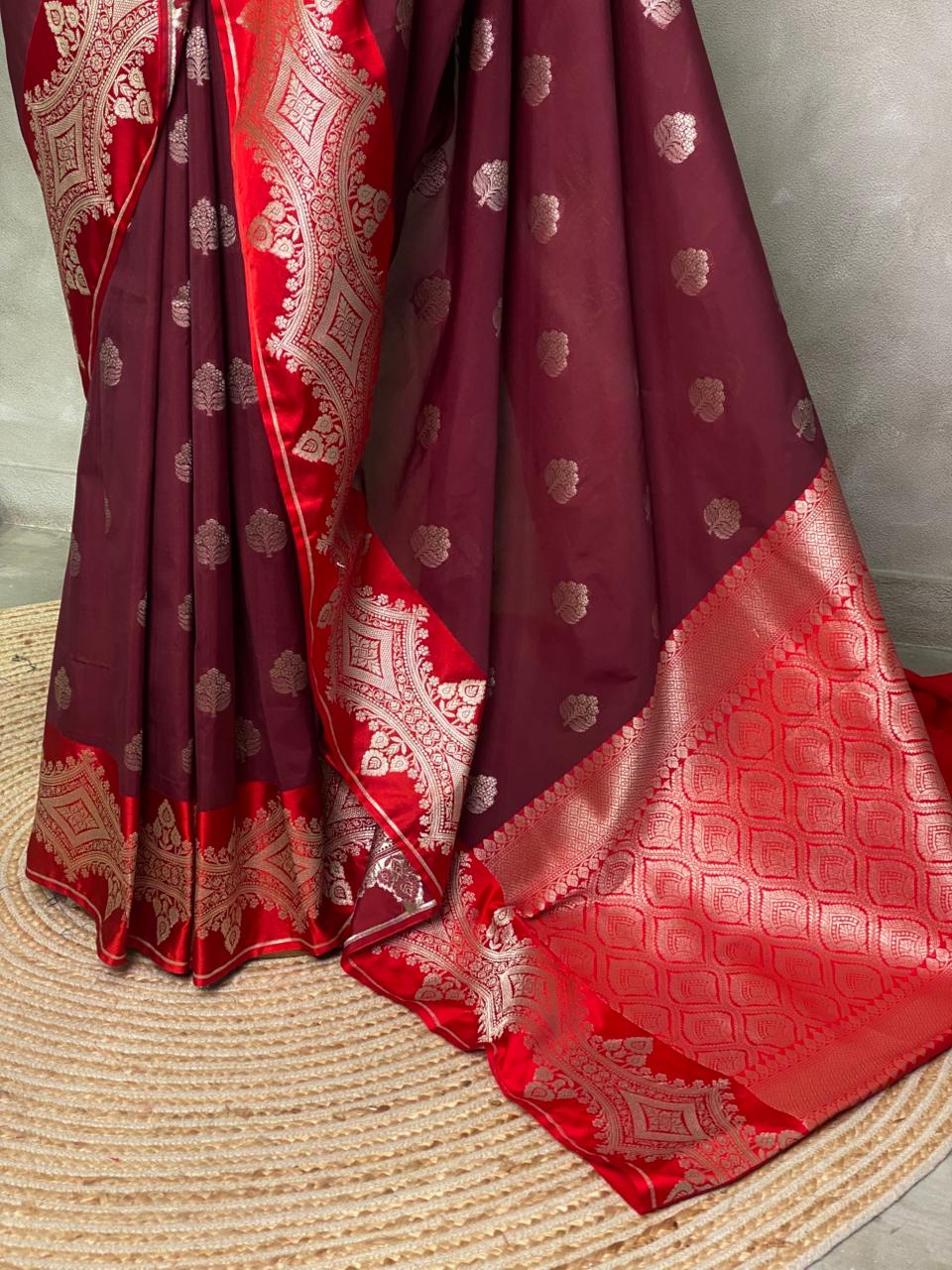 Maroon and red pure zatin Banarasi saree- PBSZ1