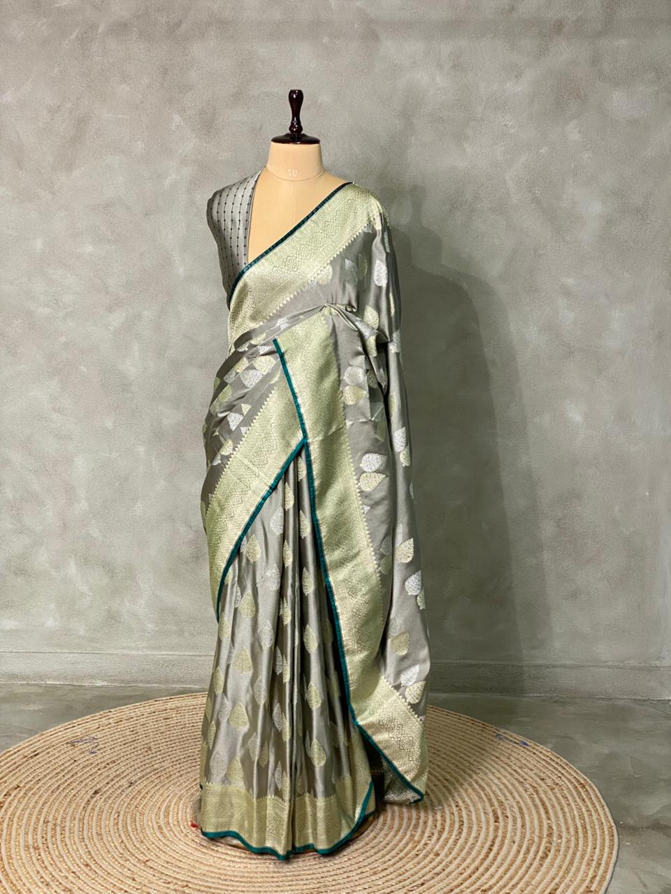 Grey and Green pure zatin Banarasi saree- PBSZ3