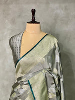 Grey and Green pure zatin Banarasi saree- PBSZ3