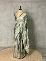 Grey and Green pure zatin Banarasi saree- PBSZ3
