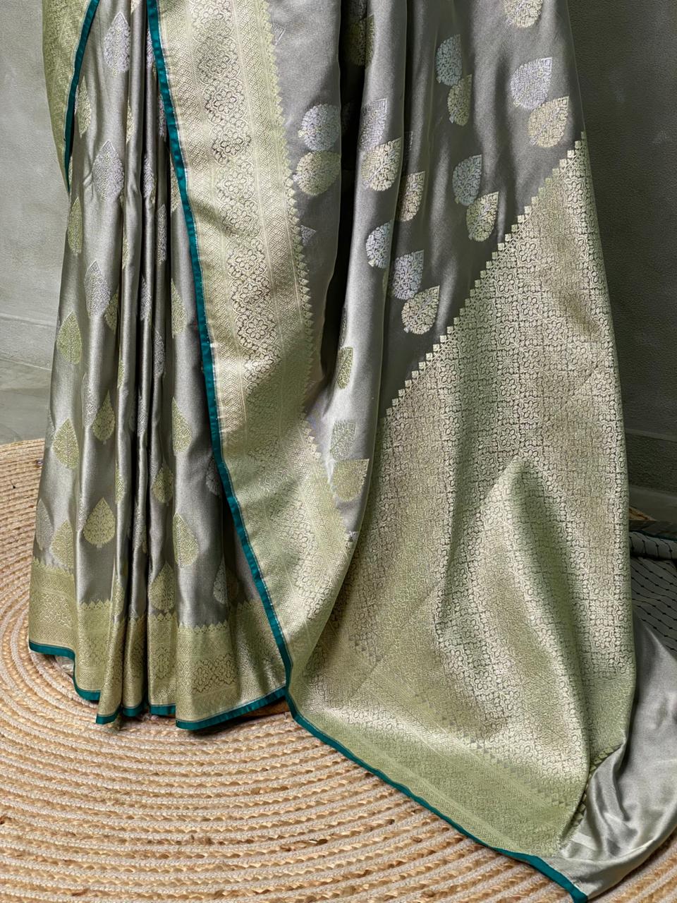 Grey and Green pure zatin Banarasi saree- PBSZ3