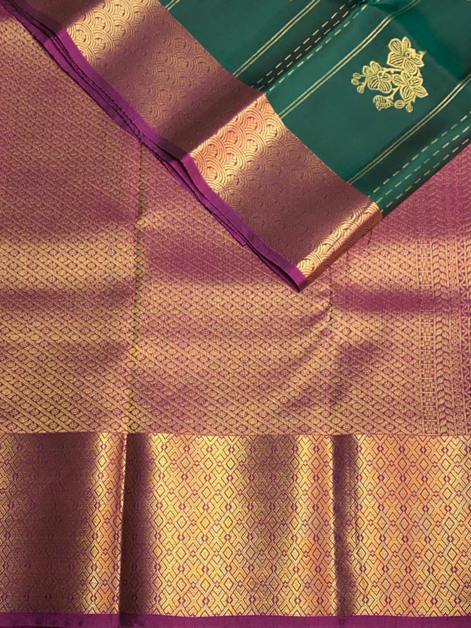 Bottle Green and Purple Pure soft Kanchipuram silk saree- PSSR32