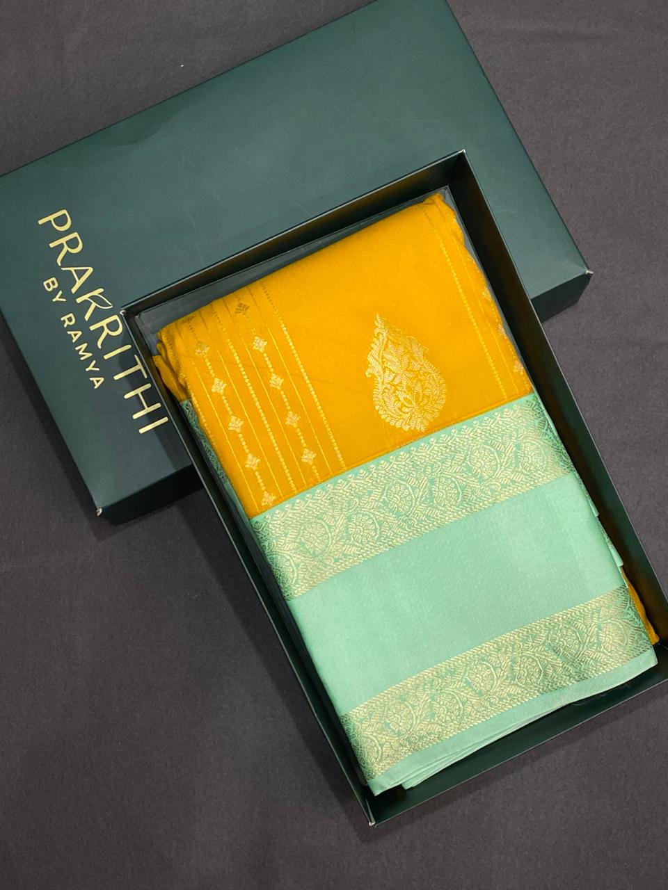 Yellow and turquoise blue silk saree- PSSR42