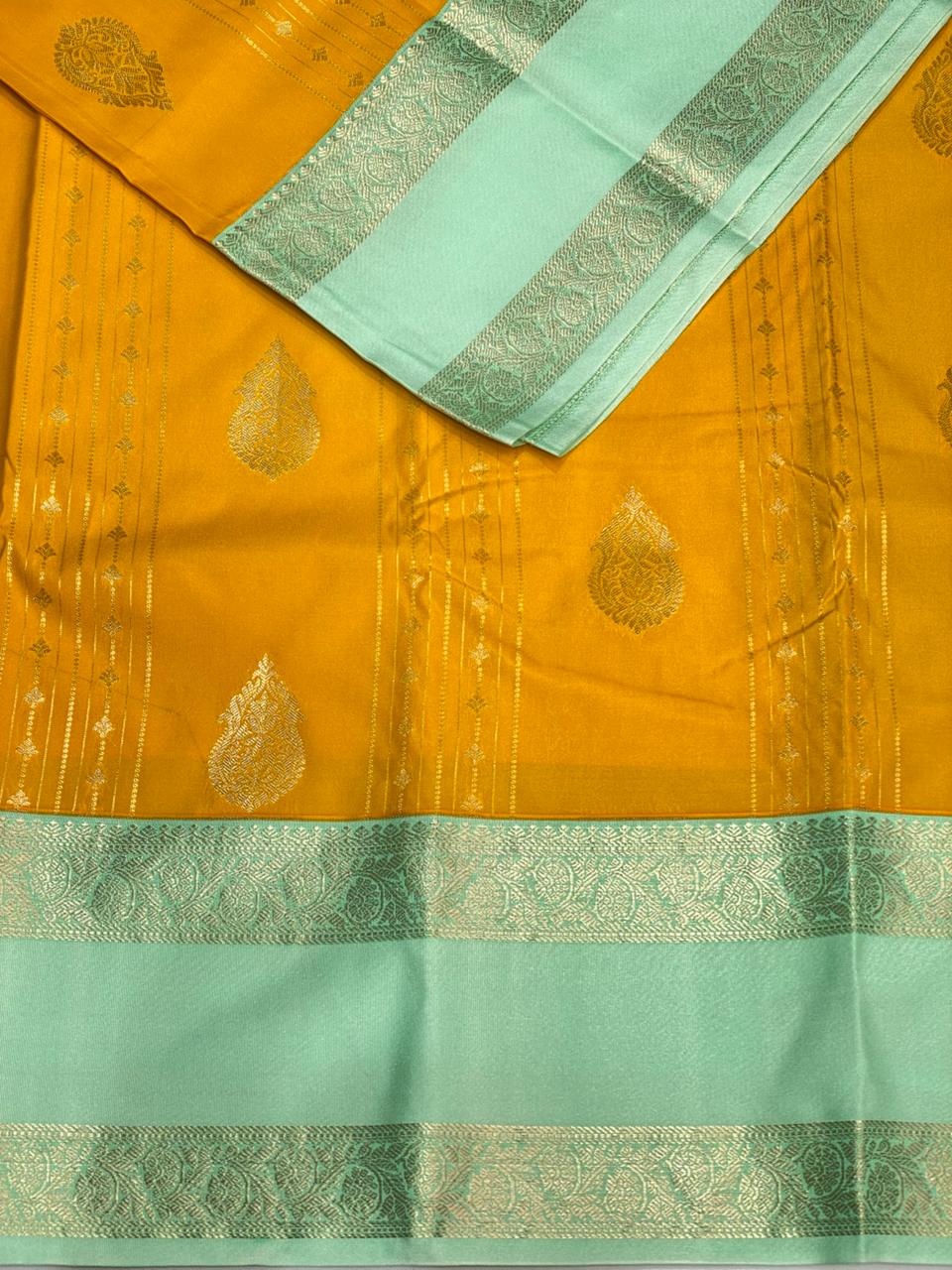 Yellow and turquoise blue silk saree- PSSR42