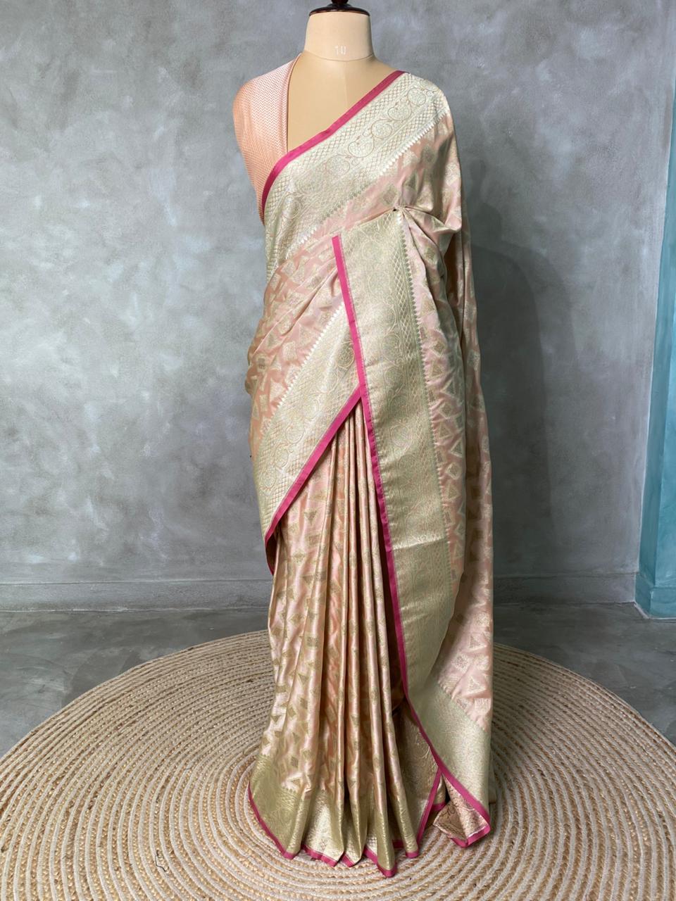 Pastal peach and light goldpure zatin Banarasi saree- PBSZ6