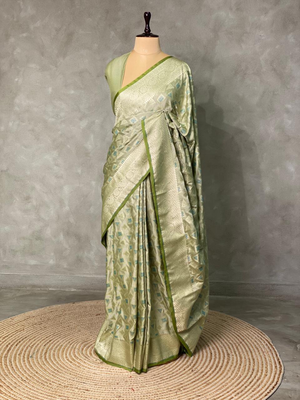 Pastal green and light goldpure zatin Banarasi saree- PBSZ7