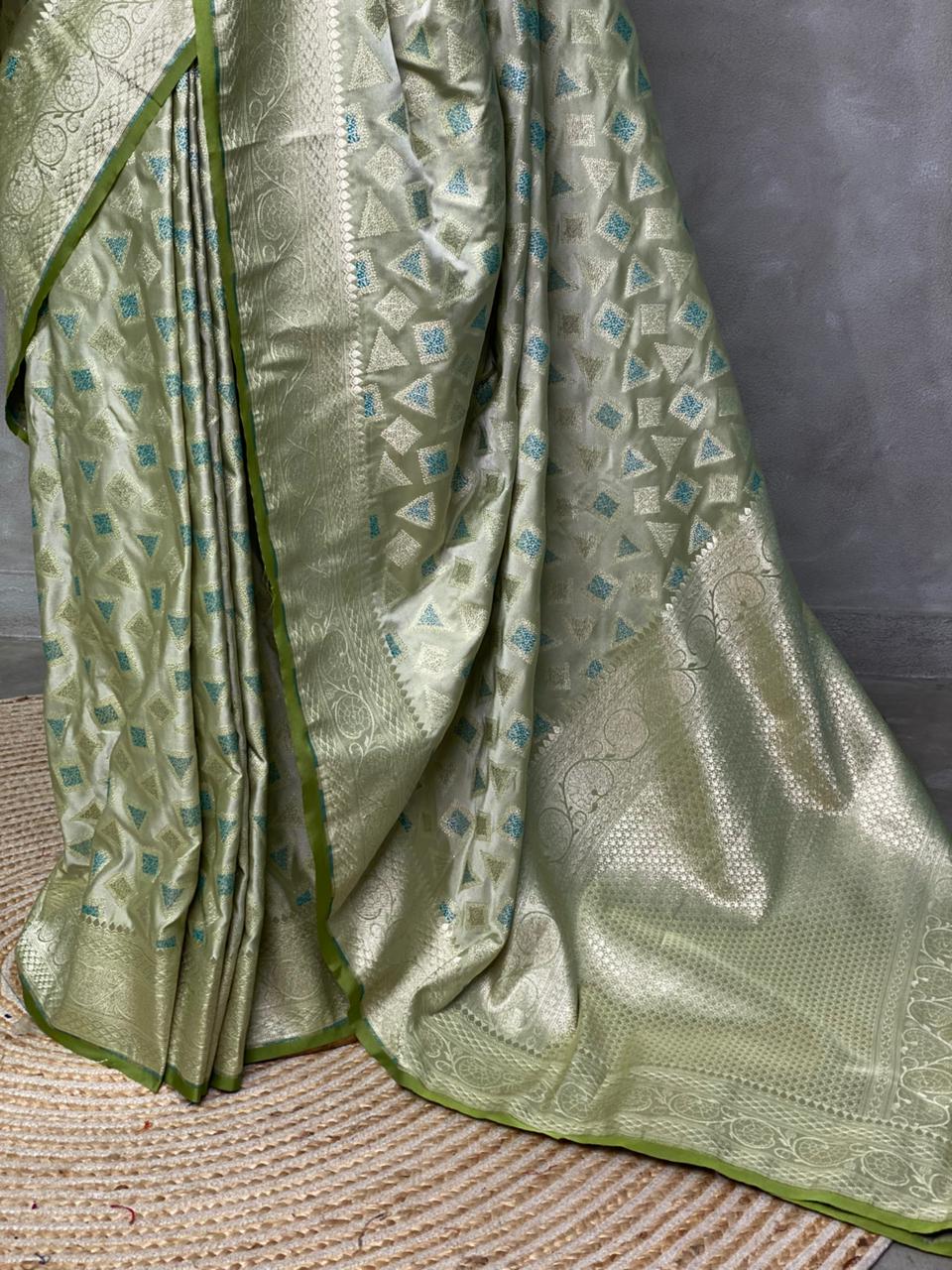 Pastal green and light goldpure zatin Banarasi saree- PBSZ7