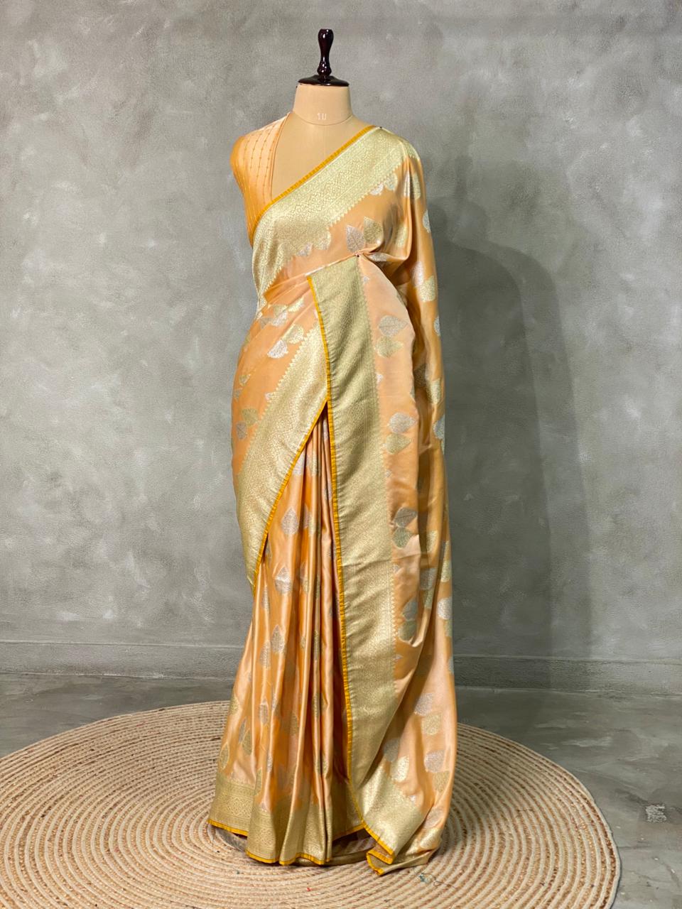 Pastal peach and light goldpure zatin Banarasi saree- PBSZ8