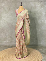 Pastal pink and blue and light goldpure zatin Banarasi saree- PBSZ11