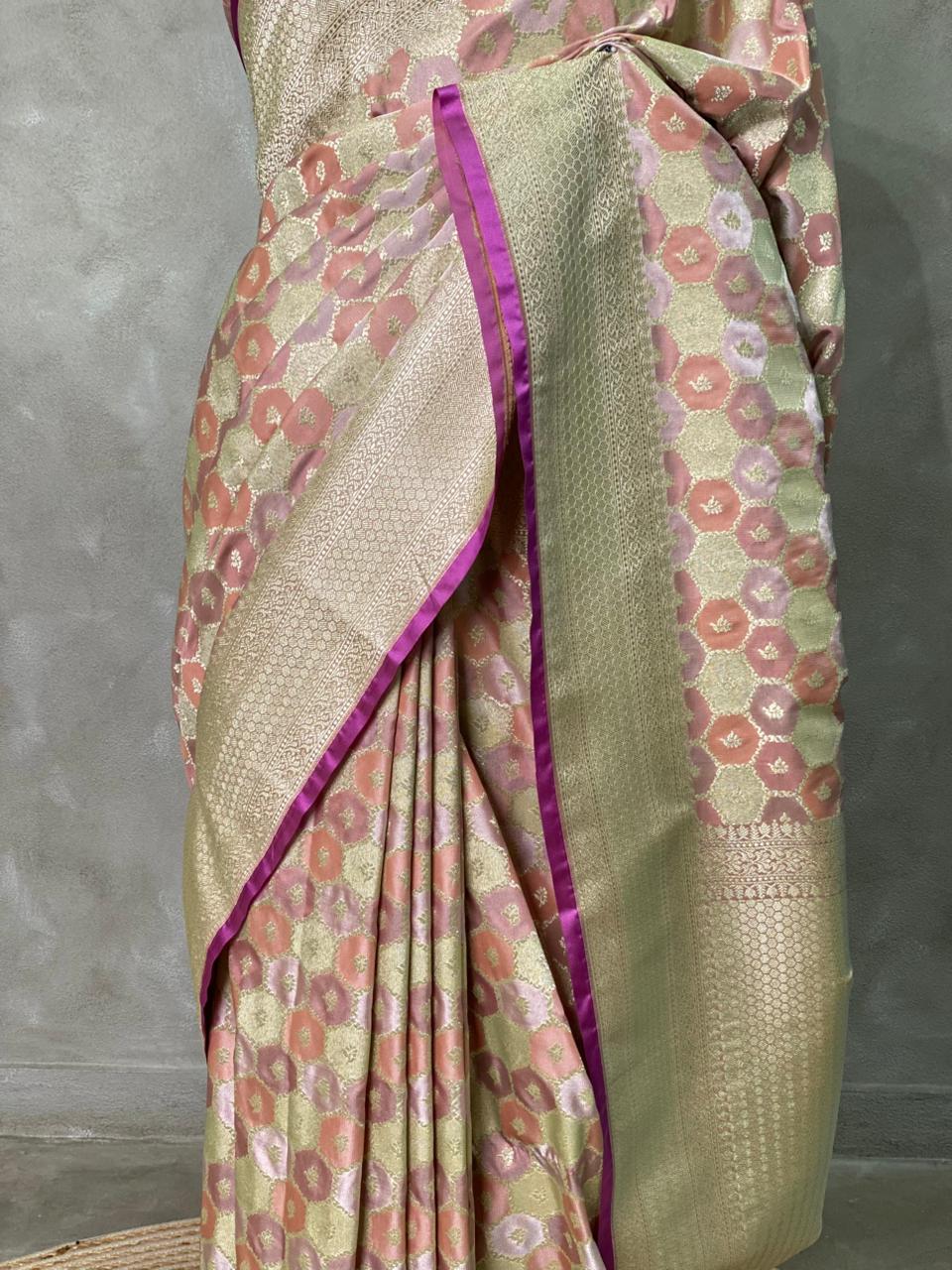 Pastal pink and blue and light goldpure zatin Banarasi saree- PBSZ11