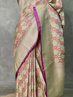 Pastal pink and blue and light goldpure zatin Banarasi saree- PBSZ11