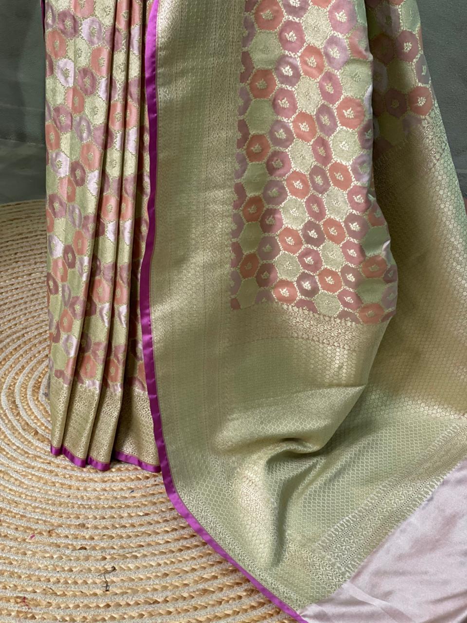 Pastal pink and blue and light goldpure zatin Banarasi saree- PBSZ11
