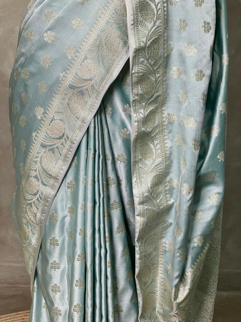 Pastal blue and blue and light goldpure zatin Banarasi saree- PBSZ12