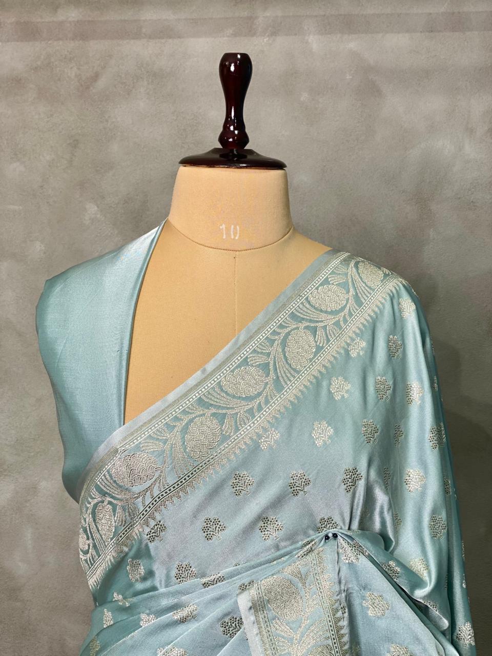 Pastal blue and blue and light goldpure zatin Banarasi saree- PBSZ12