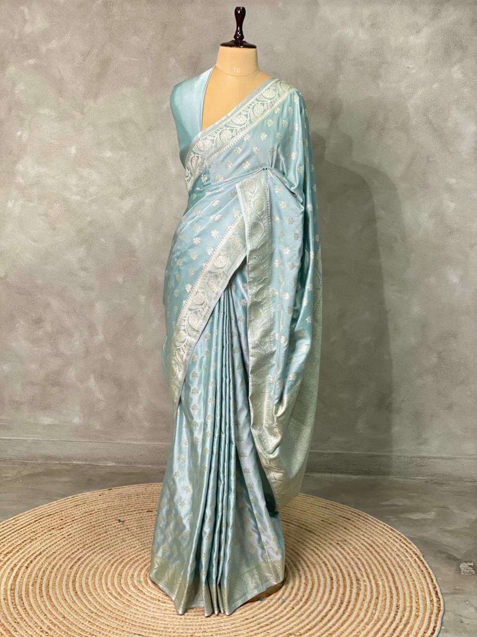 Pastal blue and blue and light goldpure zatin Banarasi saree- PBSZ12