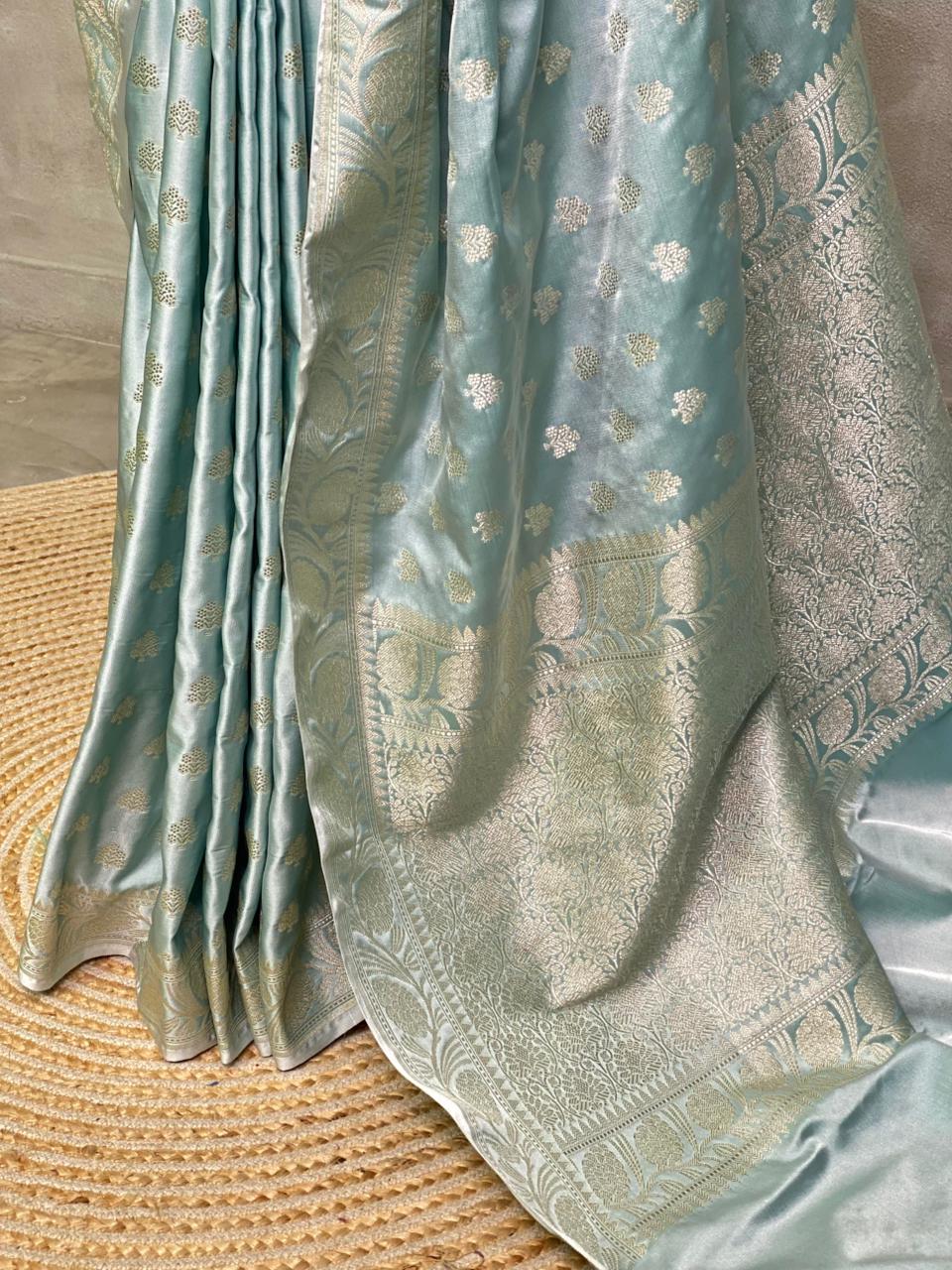 Pastal blue and blue and light goldpure zatin Banarasi saree- PBSZ12