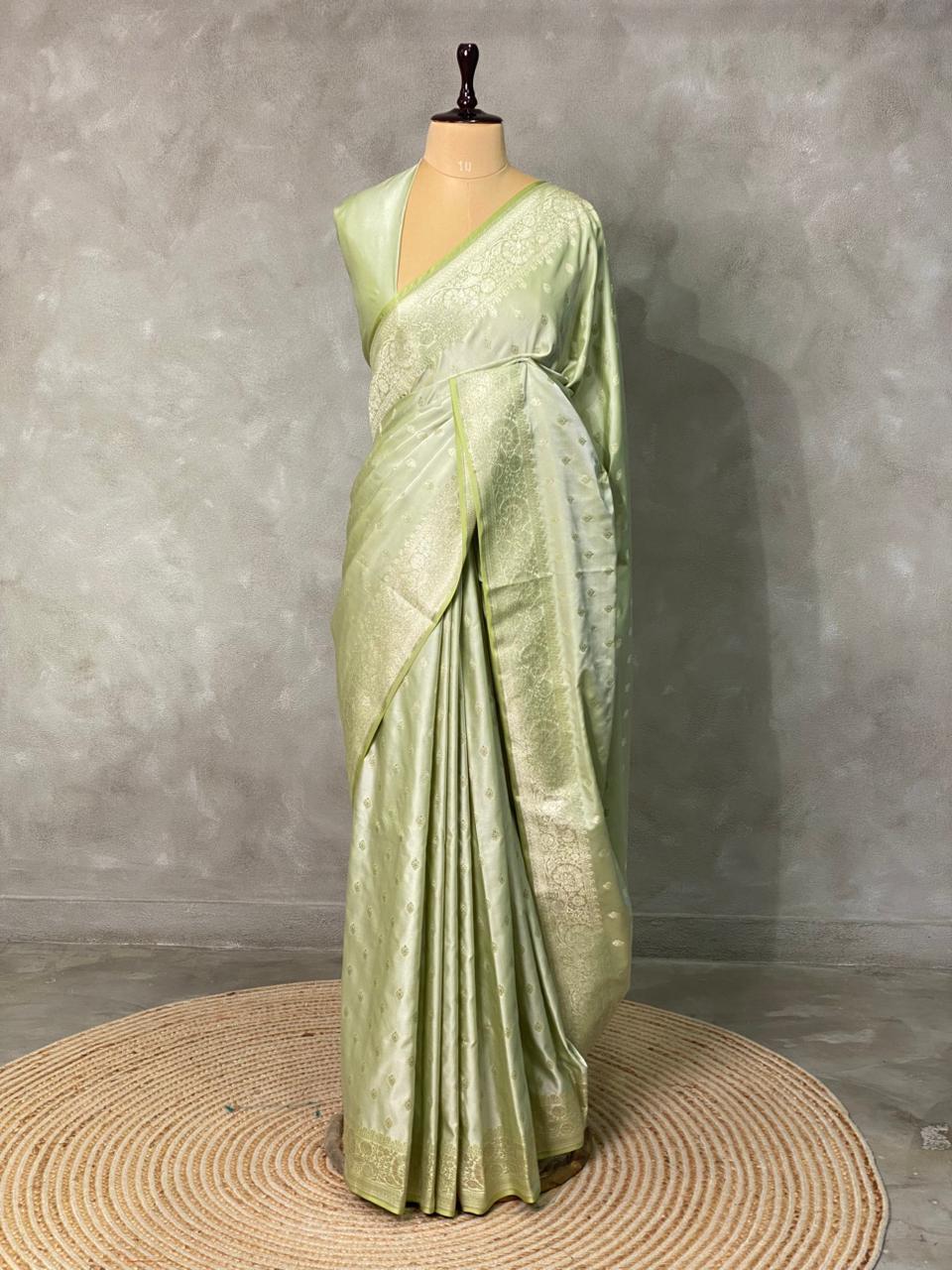 Pastal green and blue and light goldpure zatin Banarasi saree- PBSZ13
