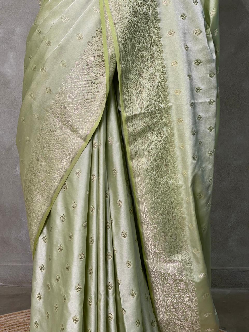 Pastal green and blue and light goldpure zatin Banarasi saree- PBSZ13