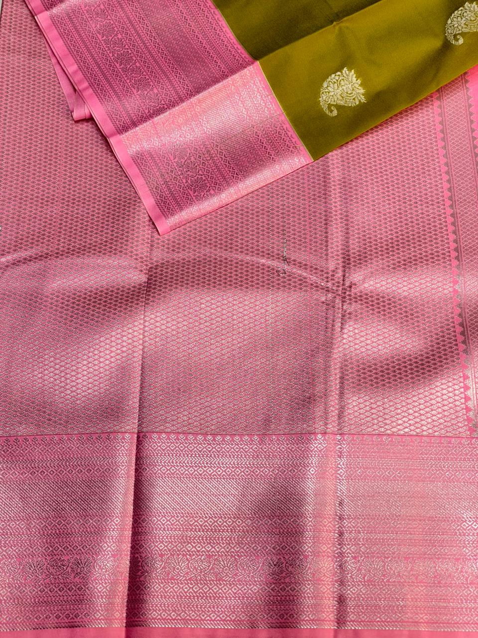 Olive Green and pink silk saree- PSSR49