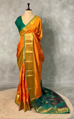 Mustard yellow and Green semi kanchipuram soft silk saree - PSSN9