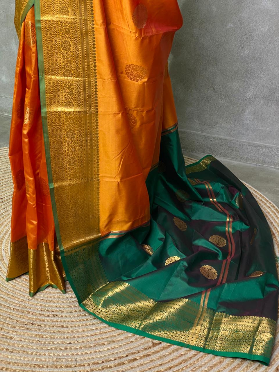 Mustard yellow and Green semi kanchipuram soft silk saree - PSSN9
