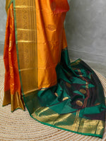 Mustard yellow and Green semi kanchipuram soft silk saree - PSSN9