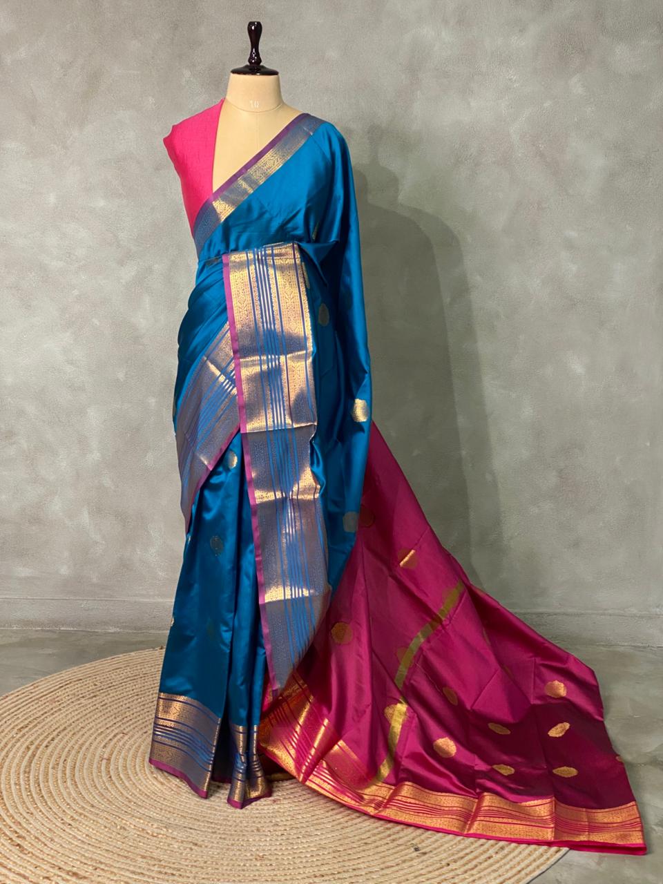 Teal blue and purple semi kanchipuram soft silk saree - PSSN25