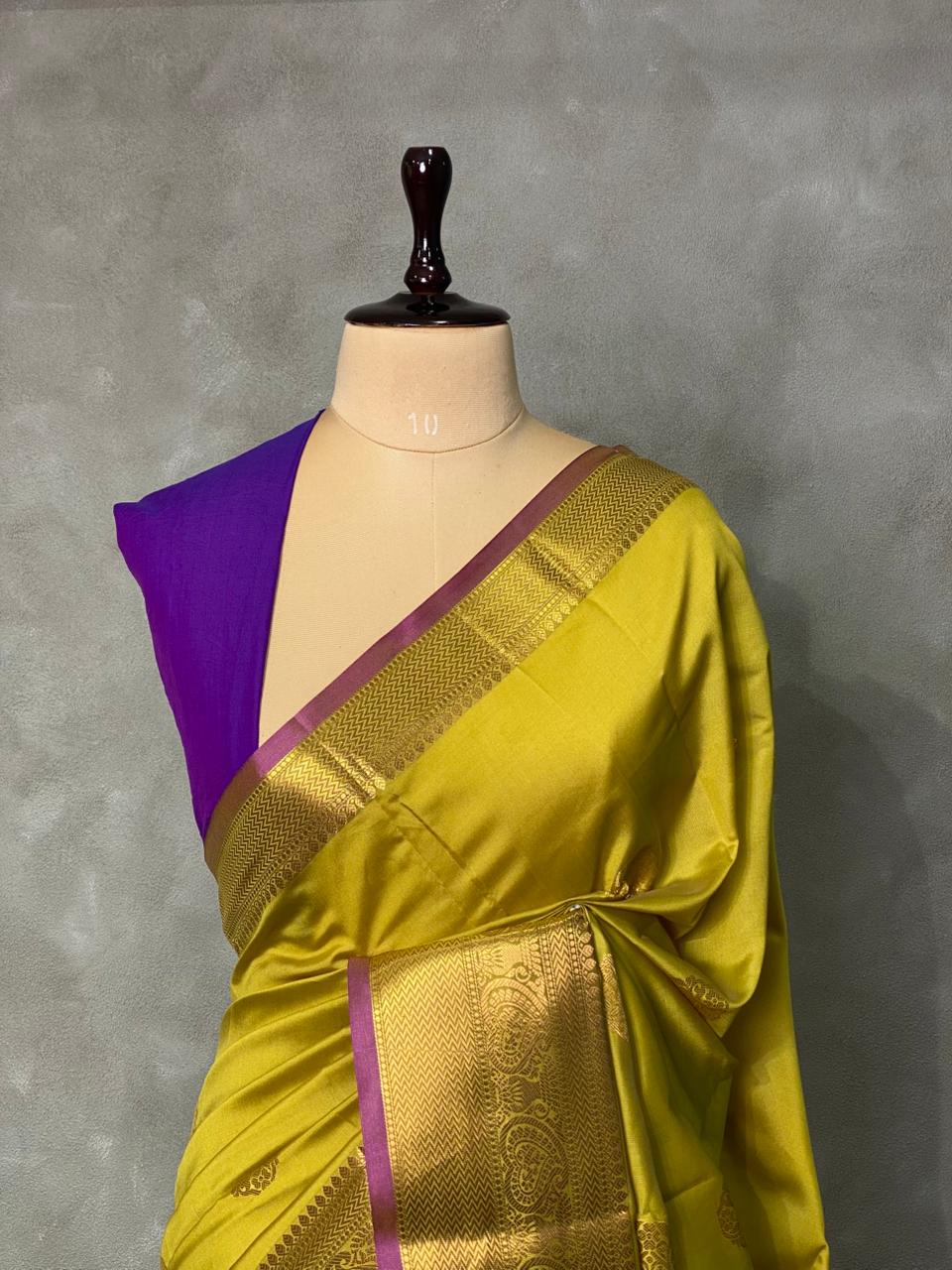 Olive green and purple semi kanchipuram soft silk saree - PSSN32