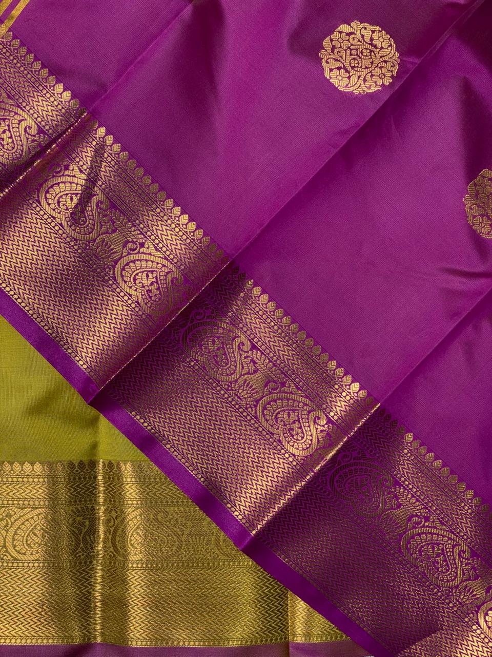 Olive green and purple semi kanchipuram soft silk saree - PSSN32