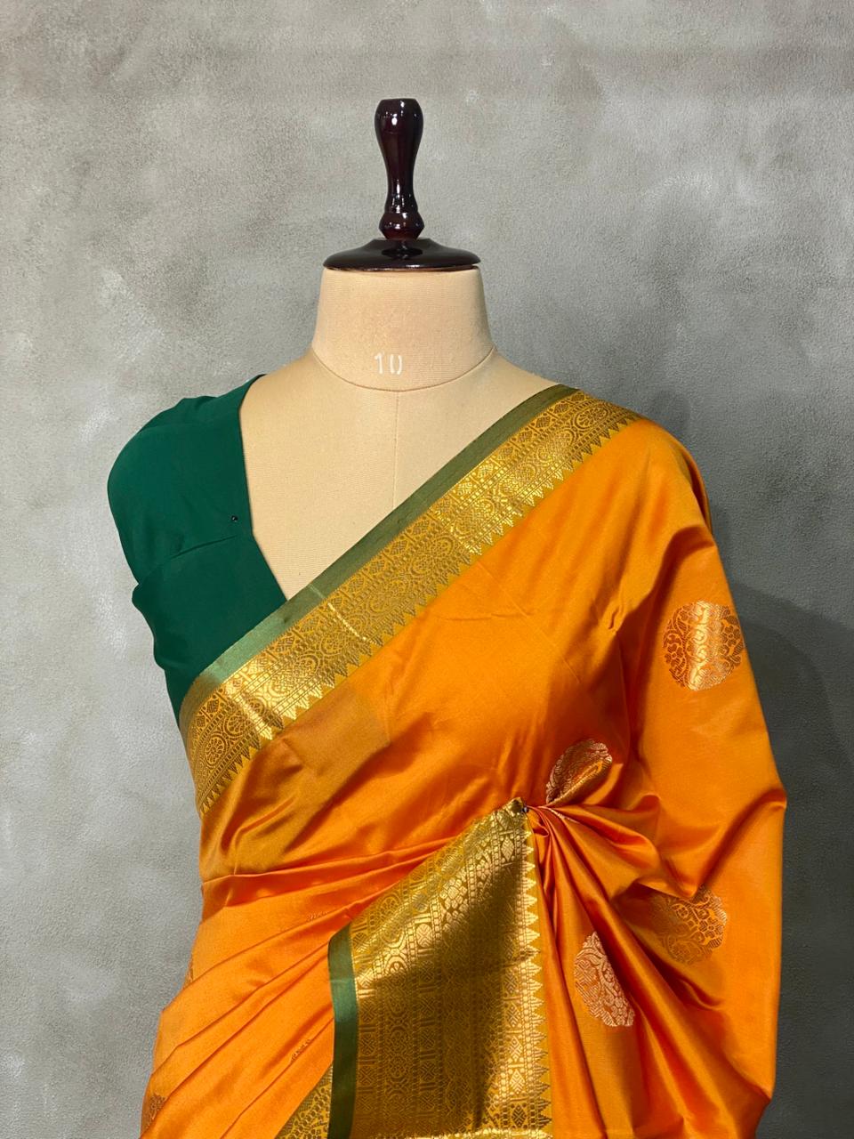 Mustard yellow and Green semi kanchipuram soft silk saree - PSSN39
