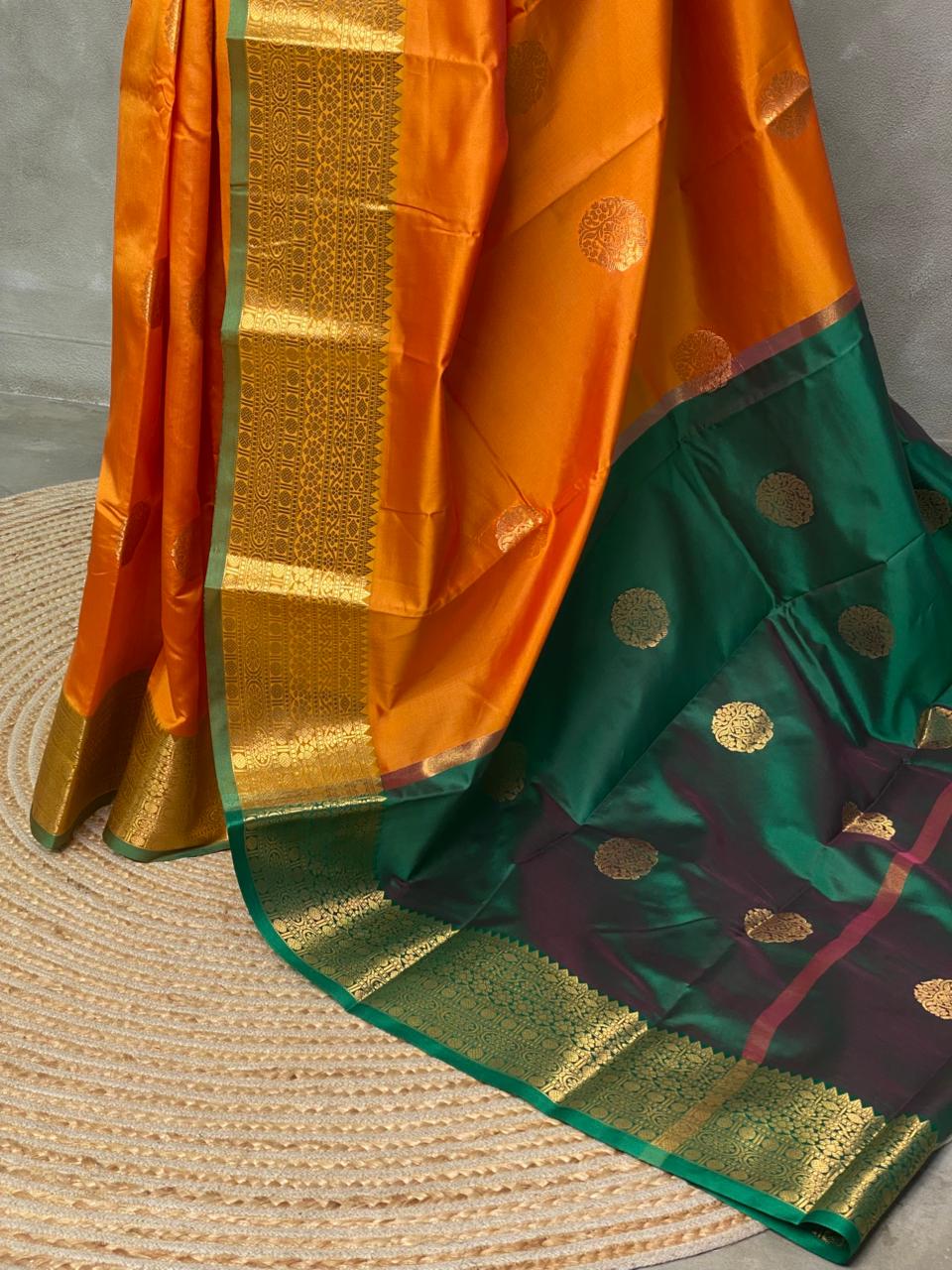 Mustard yellow and Green semi kanchipuram soft silk saree - PSSN39