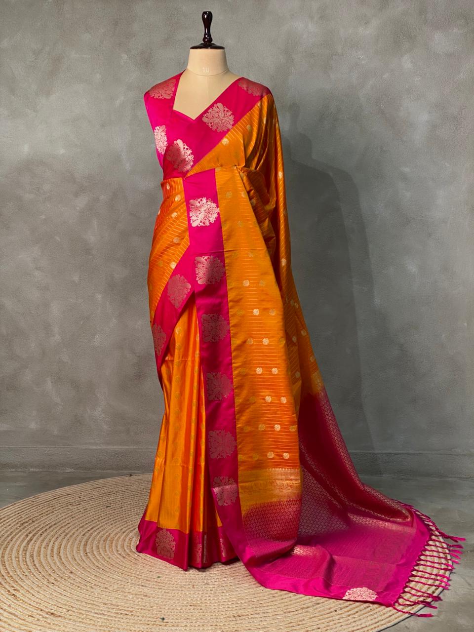 Yellow and Rani Pink pure soft silk saree - PSOFTD