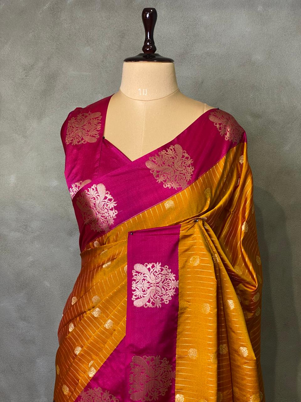 Mustard Yellow and Rani Pink pure soft silk saree - PSOFTA