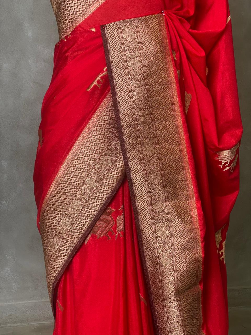 Red and Brown banarasi Crepe silk saree - PBC1