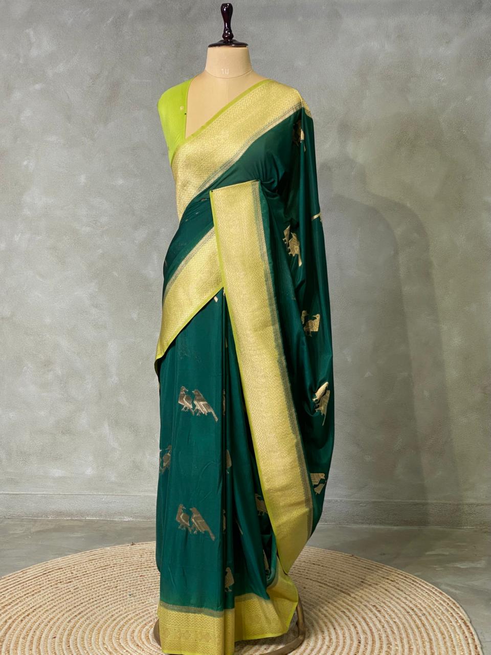 Dark green and Lime green banarasi Crepe silk saree - PBC3