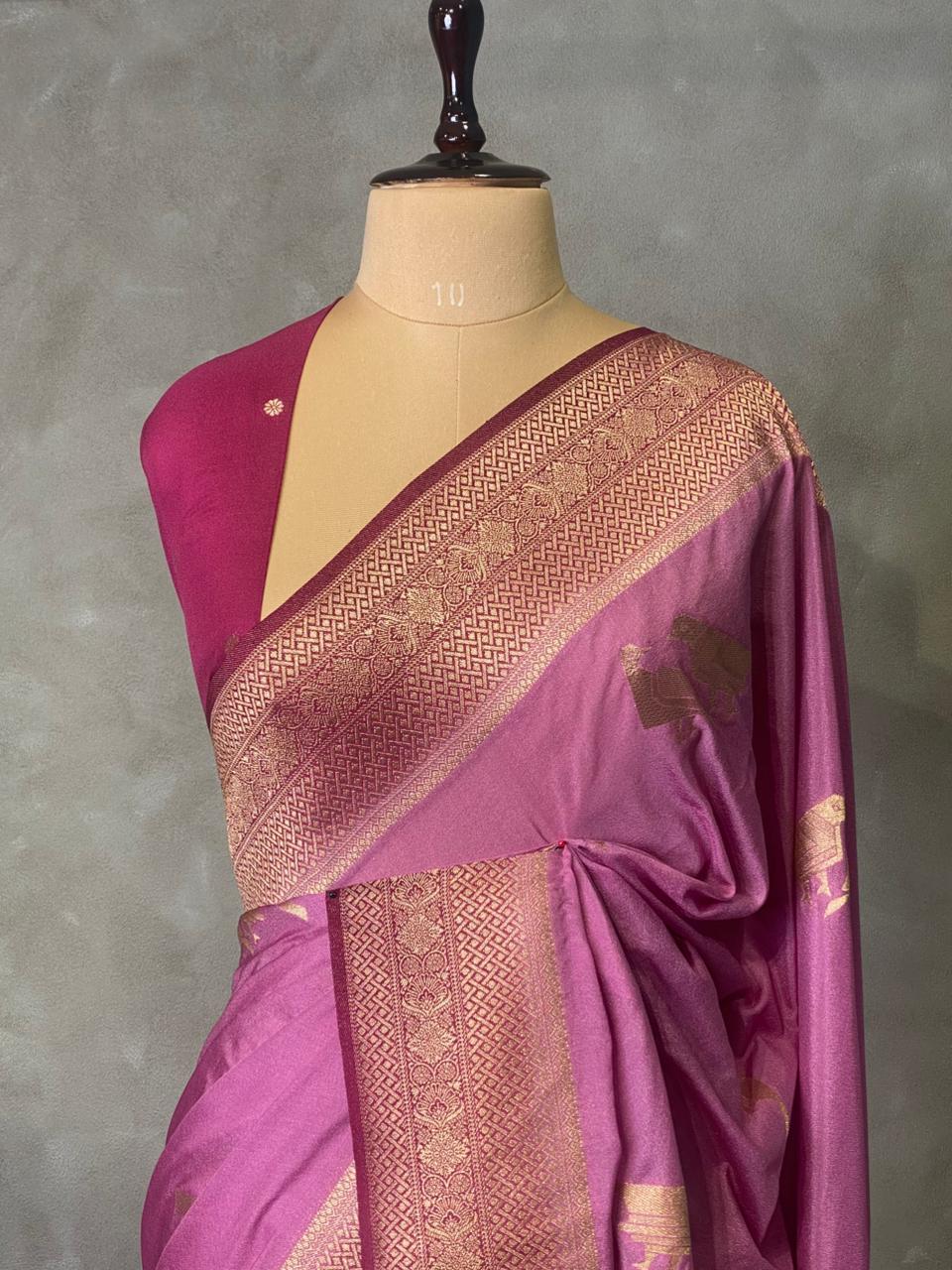 Onion pink and wine banarasi Crepe silk saree - PBC4