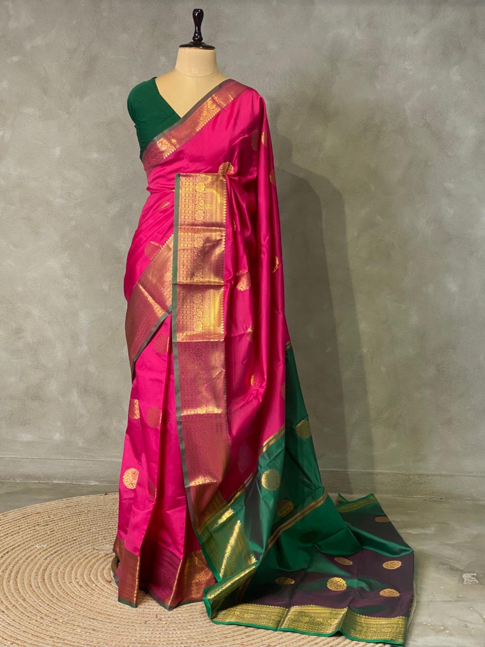 Rani pink and Green semi kanchipuram soft silk saree - PSSN65
