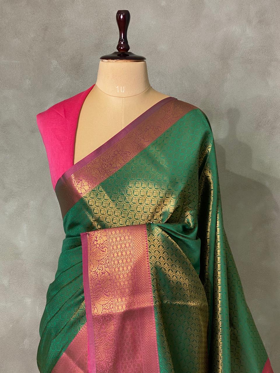 Green andmagenta Semi brocade Banarasi silk saree- PBROD