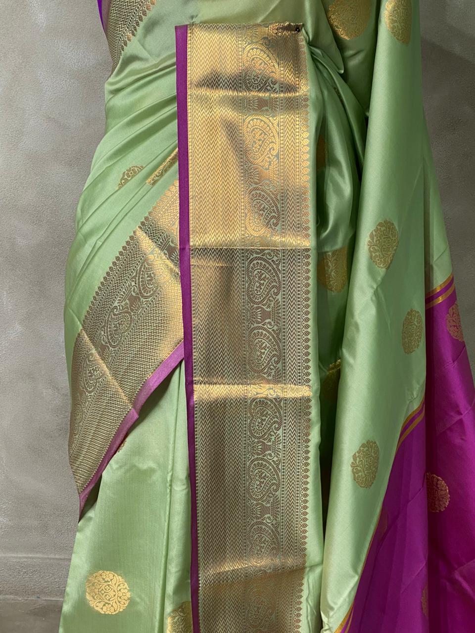 Pastal Green and purple semi kanchipuram soft silk saree - PSSN91