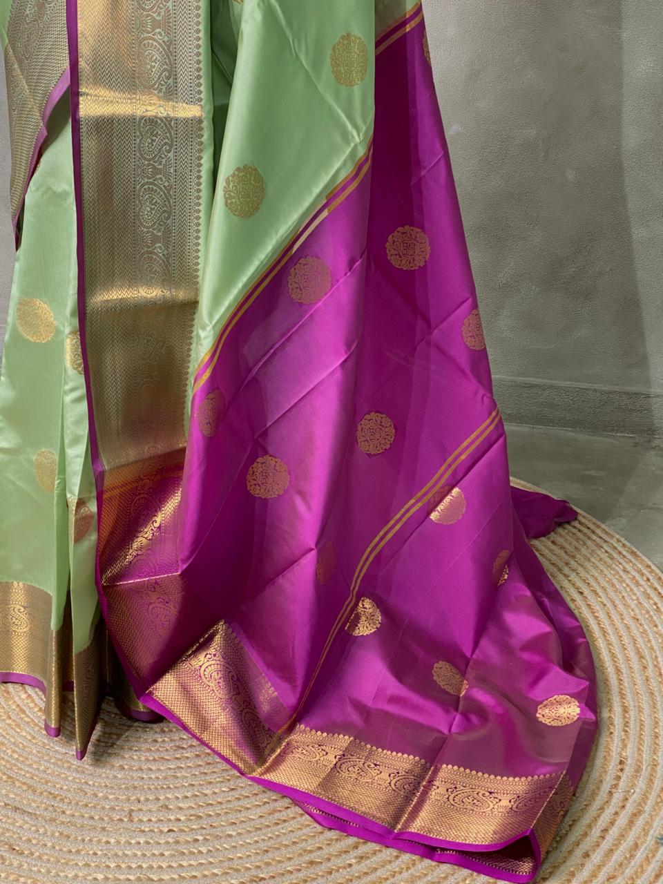 Pastal Green and purple semi kanchipuram soft silk saree - PSSN91