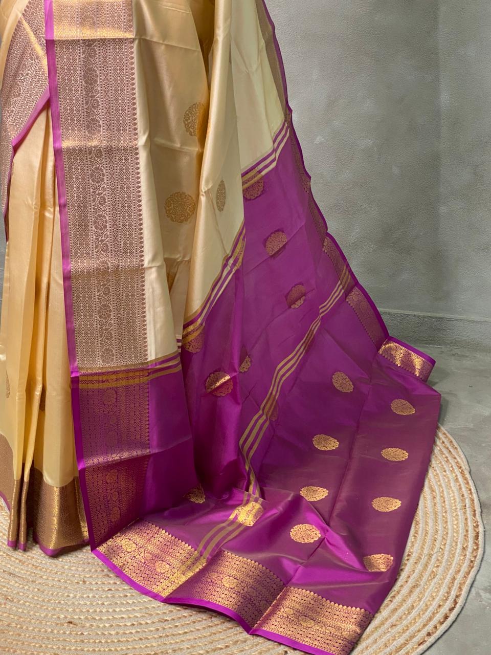 Sandal and magenta semi kanchipuram soft silk saree - PSSN93A
