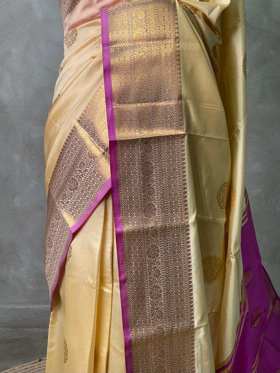 Sandal and magenta semi kanchipuram soft silk saree - PSSN93A