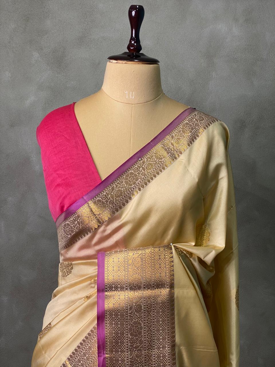 Sandal and magenta semi kanchipuram soft silk saree - PSSN93A