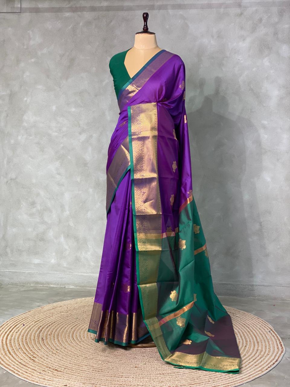 Violet and Green semi kanchipuram soft silk saree - PSSN101