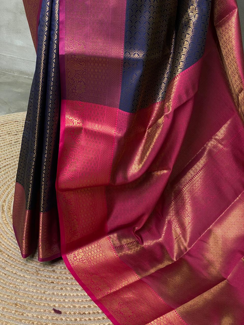 Navy Blue andmagenta Semi brocade Banarasi silk saree- PBROH