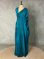 Peacock blue pure crepe designer saree - PSD05