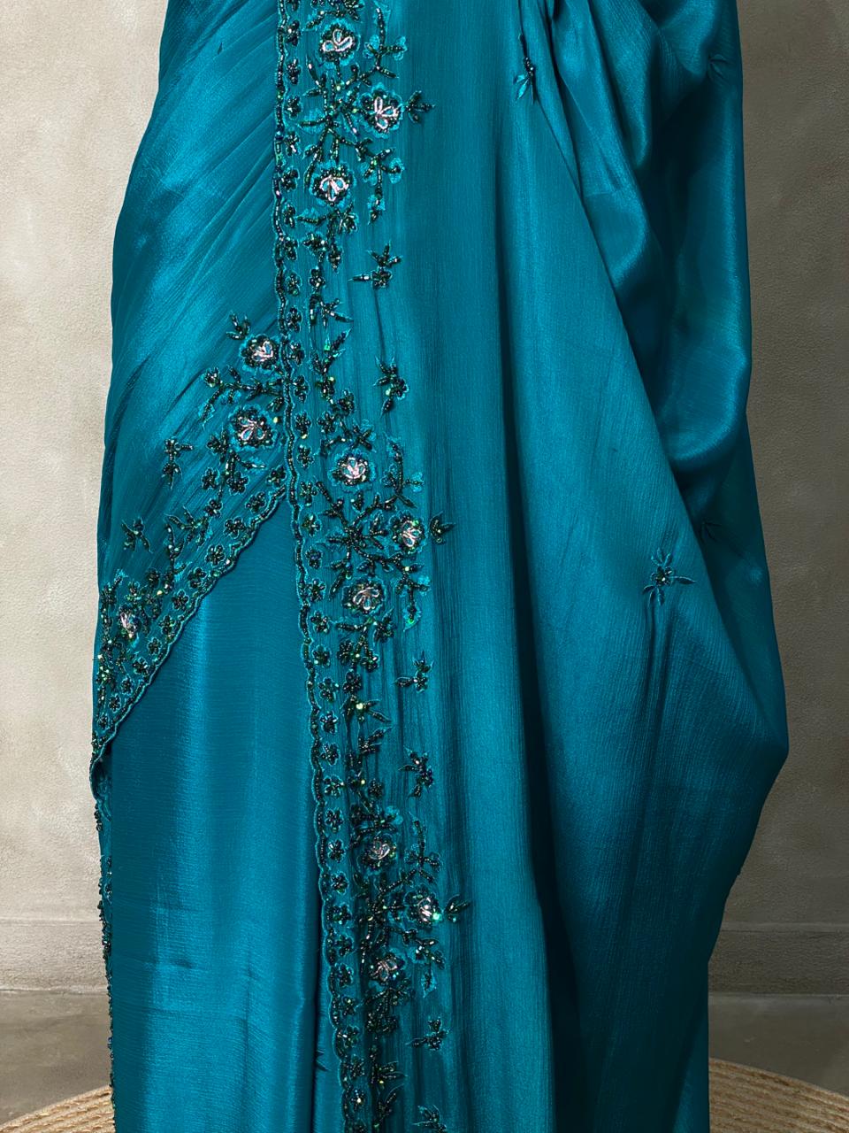 Peacock blue pure crepe designer saree - PSD05