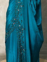 Peacock blue pure crepe designer saree - PSD05