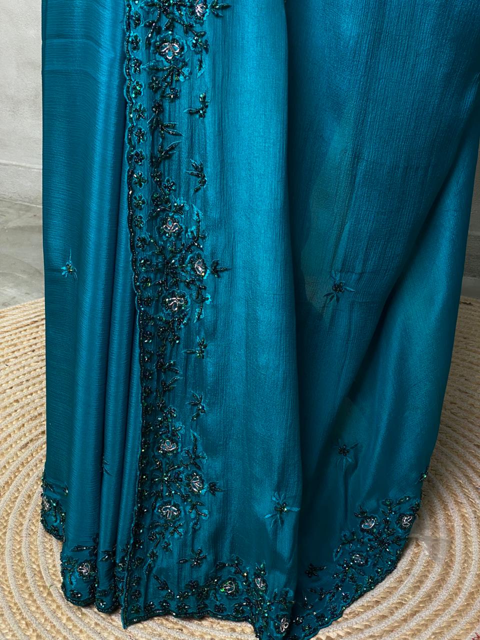 Peacock blue pure crepe designer saree - PSD05