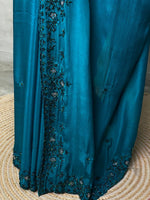Peacock blue pure crepe designer saree - PSD05